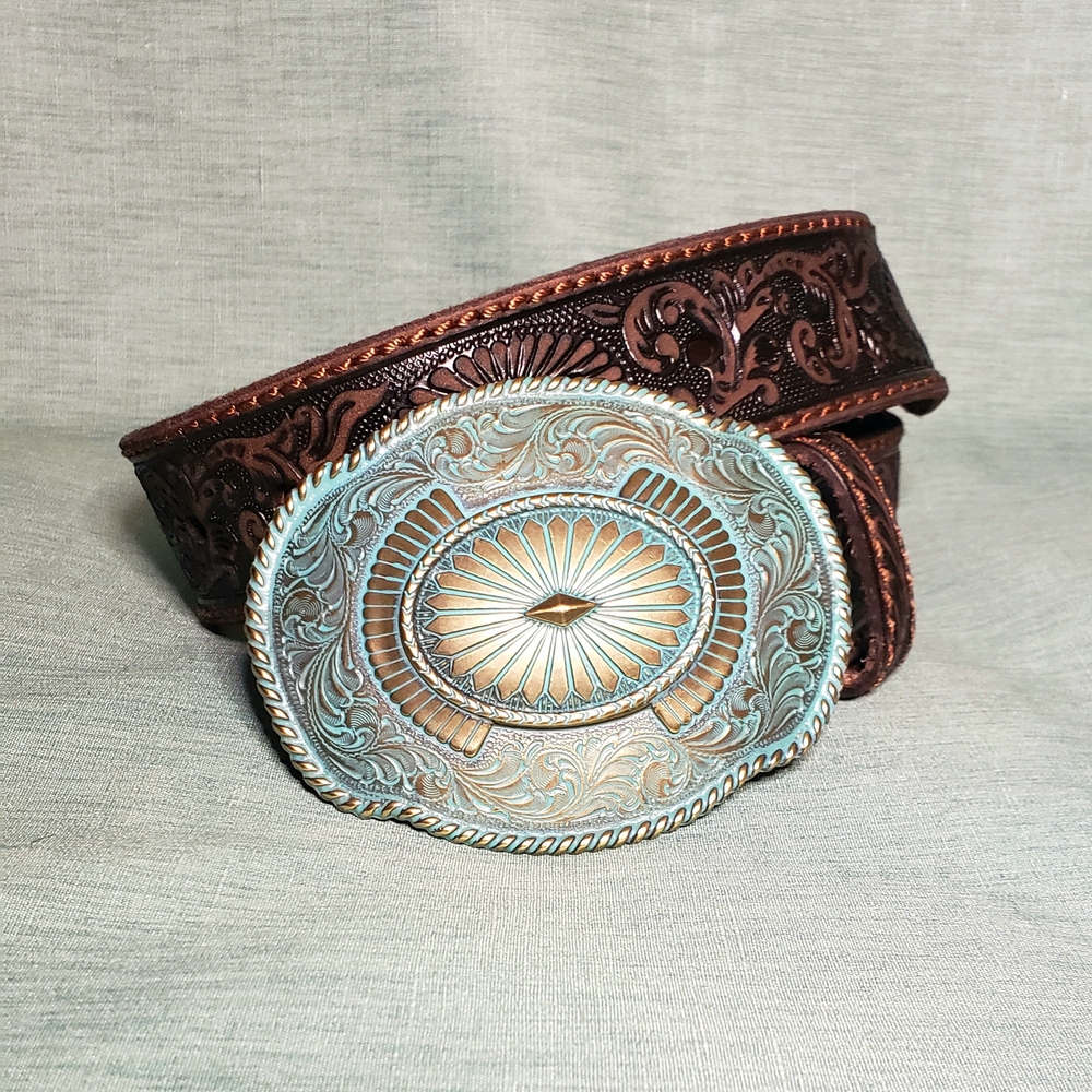Brown Leather Western Belt with Gold and Mint Coloured Buckle